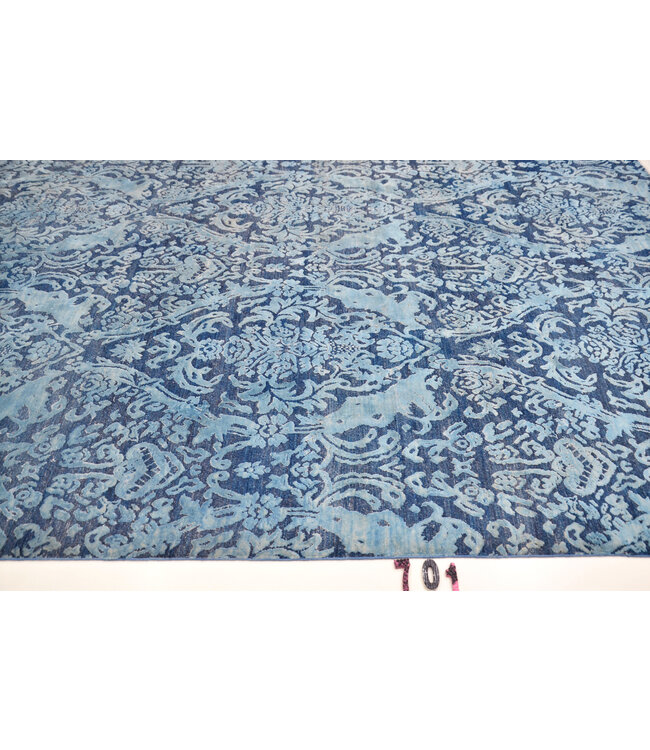 Modern Blauw Wollen Handgeknopen Tapijt, 306 x 231 cm, Damast Patroon