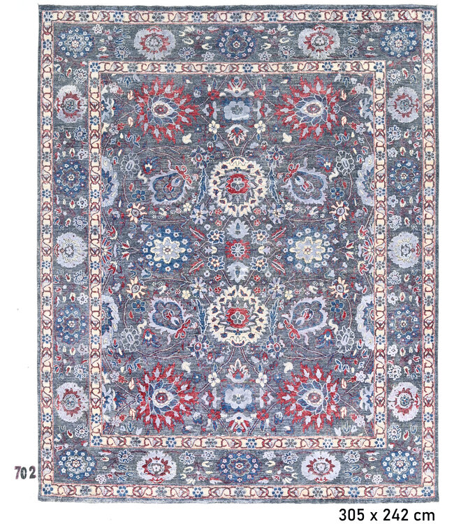 Vintage Blauer Handgeknüpfter Wollteppich, 305 x 242 cm, Ziegler Blumenmuster