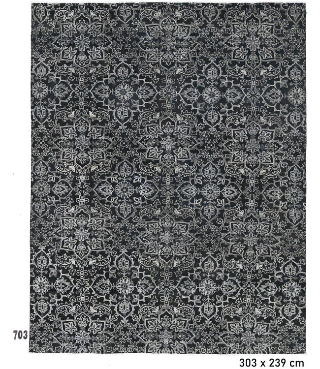 Modern Zwart Wollen Handgeknopen Tapijt, 303 x 239 cm, Damask Bloemenpatroon