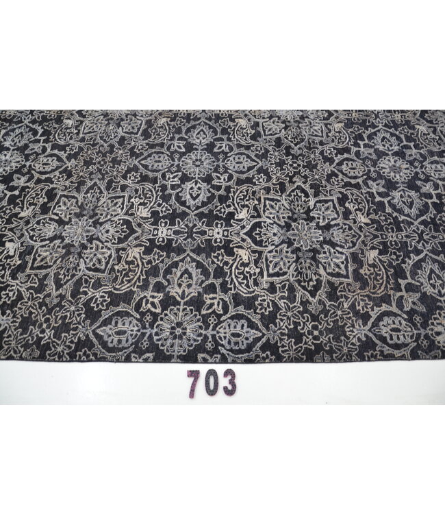 Modern Black Hand-Knotted Wool Rug, 303 x 239 cm, Damask Floral Pattern