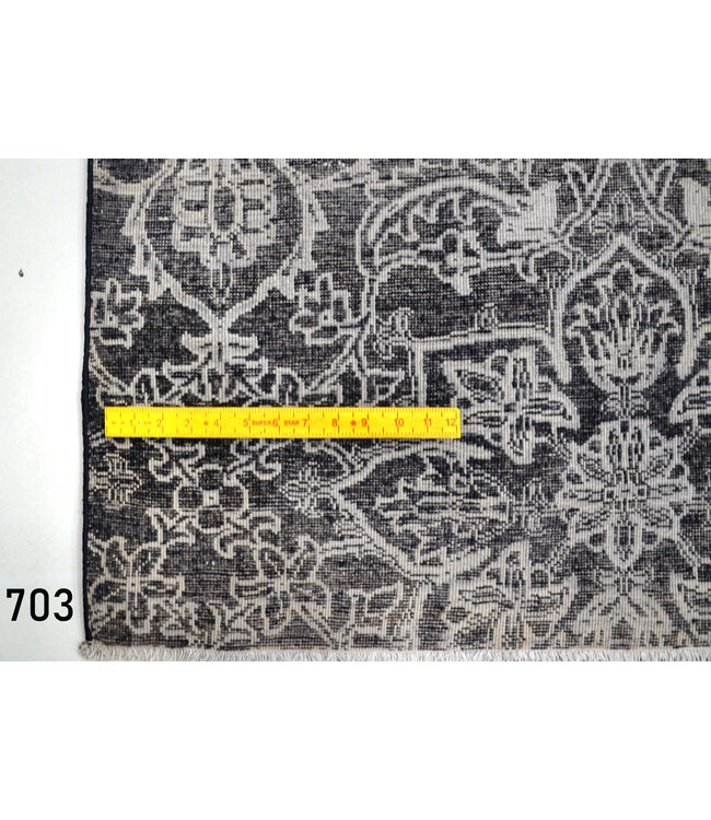 Modern Black Hand-Knotted Wool Rug, 303 x 239 cm, Damask Floral Pattern