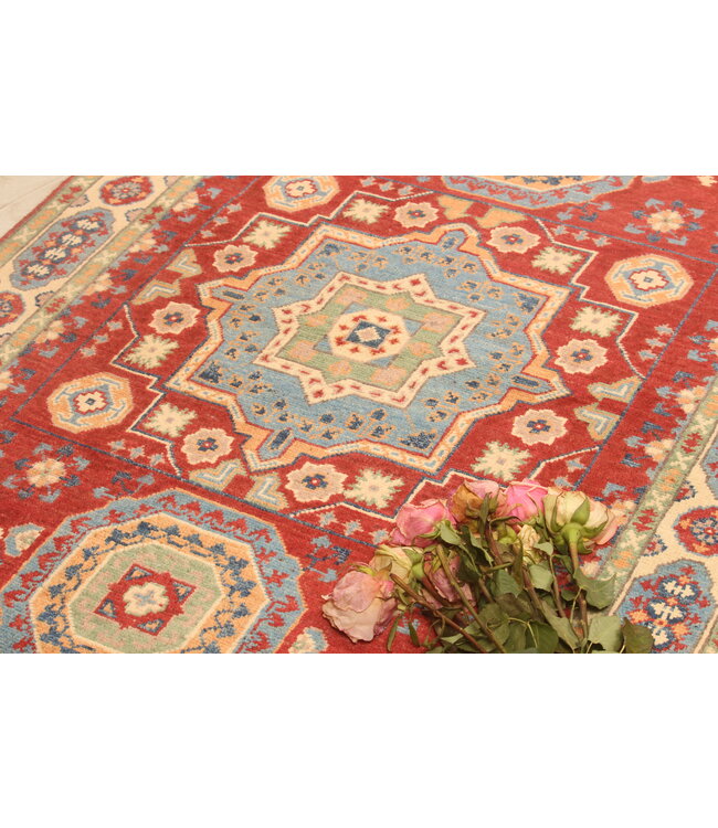 150x102cm Handgeknüpfter Woll Kazak Teppich – Authentischer Orientalischer Teppich, Traditionelles Tribal Design, Hochwertiger Handgefertigter Wollteppich