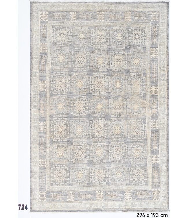 Vintage Grijze Tapijt | Ziegler Patroon | 296 x 193 cm | Handgeknoopt Wollen Vloerkleed