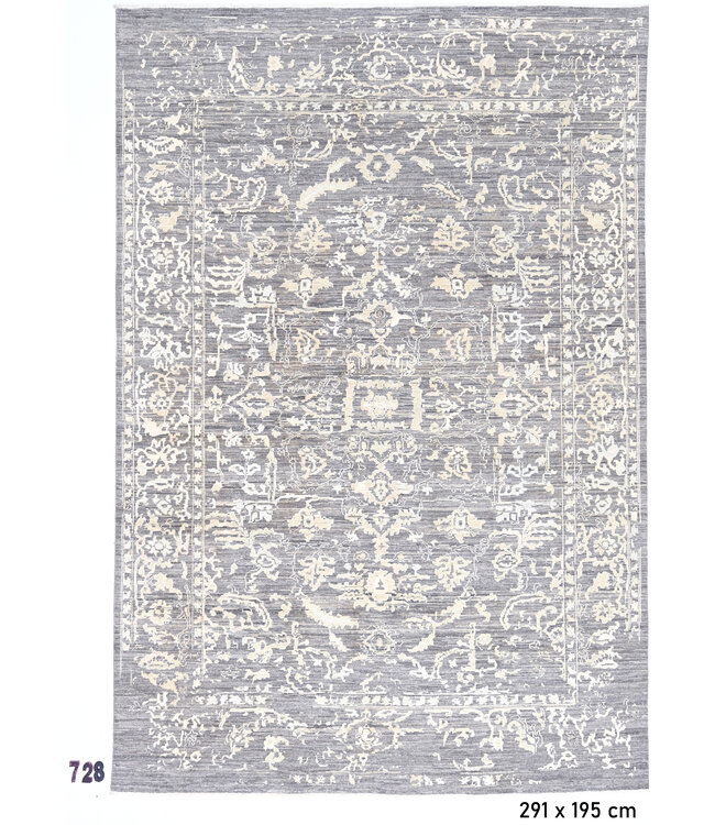 Vintage Grijze Tapijt | Ziegler Patroon | 291 x 195 cm | Handgeknoopt Wollen Vloerkleed