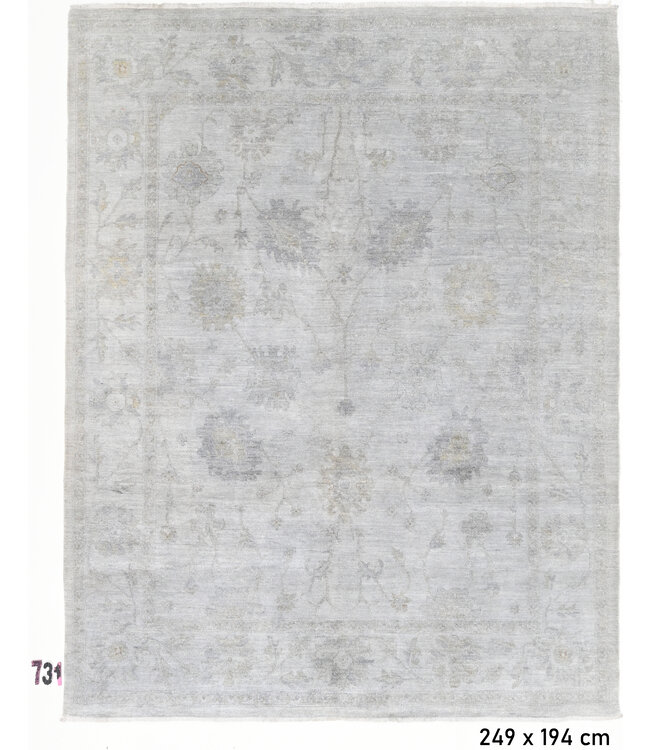 Vintage Grijze Tapijt | Ziegler Patroon | 249 x 194 cm | Handgeknoopt Wollen Vloerkleed