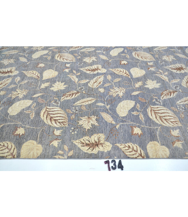 Modern Grijs Tapijt | Bladeren Patroon | 253 x 192 cm | Handgeknoopt Wollen Vloerkleed
