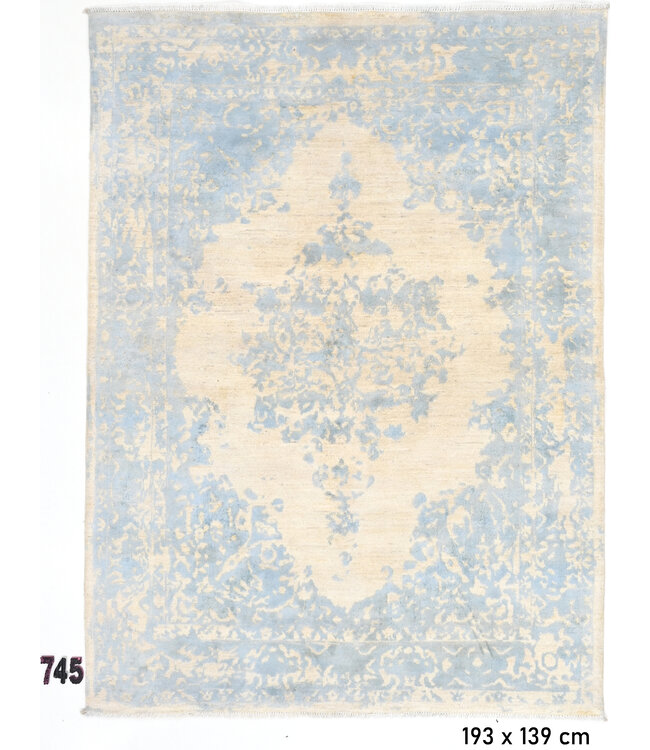 Vintage Blauer Teppich | Ziegler Muster | 193 x 139 cm | Handgeknüpfter Wollteppich