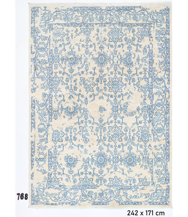 Beige-Blauw Klassiek Tapijt – 242 x 171 cm – Handgeknoopt van Wol