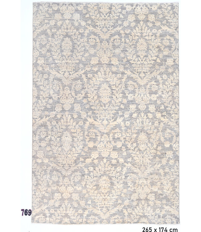 Grau-Beiger Damast-Teppich – 265 x 174 cm – Handgeknüpft aus Wolle