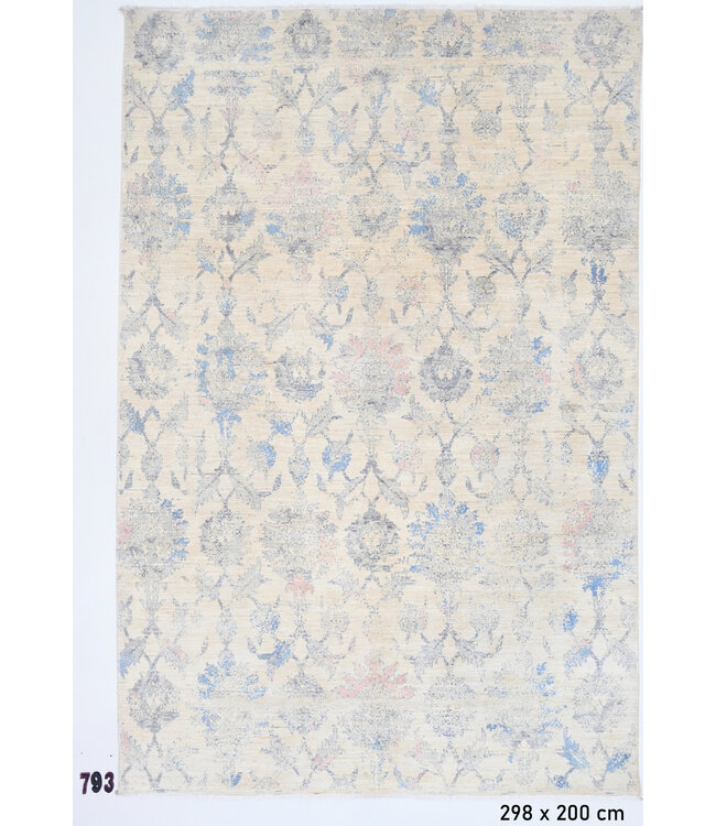 Crème-Grijs Vintage Vloerkleed – Bloemenpatroon – 298 x 200 cm