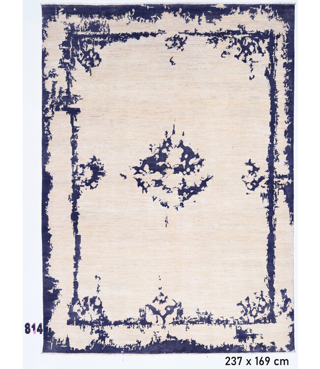 Beige-blauw Modern patroon – 237 x 169 cm – Handgeknoopt wollen vloerkleed