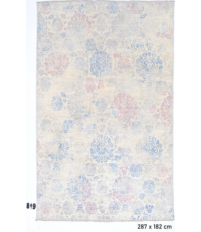 Hellbeige Blau-Rosa Vintage Teppich – Verwaschenes Medaillonmuster – 287 x 182 cm