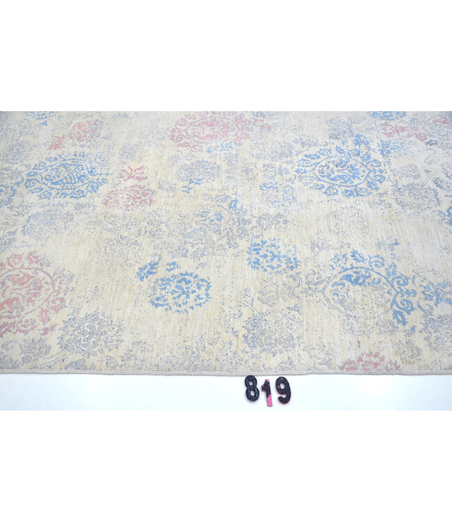 Hellbeige Blau-Rosa Vintage Teppich – Verwaschenes Medaillonmuster – 287 x 182 cm