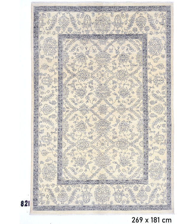 Creme Blau Antiker Teppich – Klassisches Blumenmuster – 269 x 181 cm