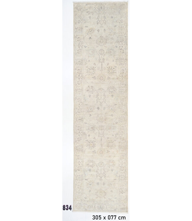 Crème-Grijs Ziegler Loper – 305 x 77 cm – Handgeknoopt Klassiek Design