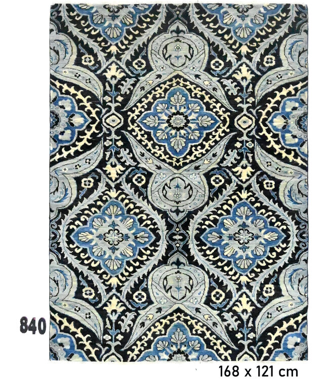 Oosters wollen tapijt zwart-blauw – 168 x 121 cm – handgeknoopt kleed met medaillonpatroon
