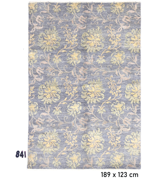 Hand-knotted Wool Rug Grey-Yellow – 189 x 123 cm – Floral Pattern with Vines