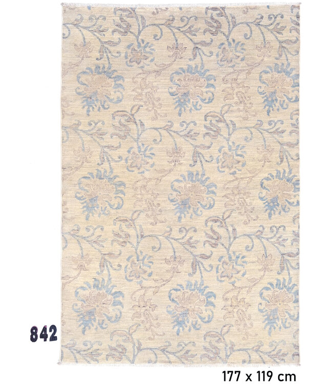 Hand-knotted Wool Rug Cream-Blue – 177 x 119 cm – Floral Pattern with Elegant Vines