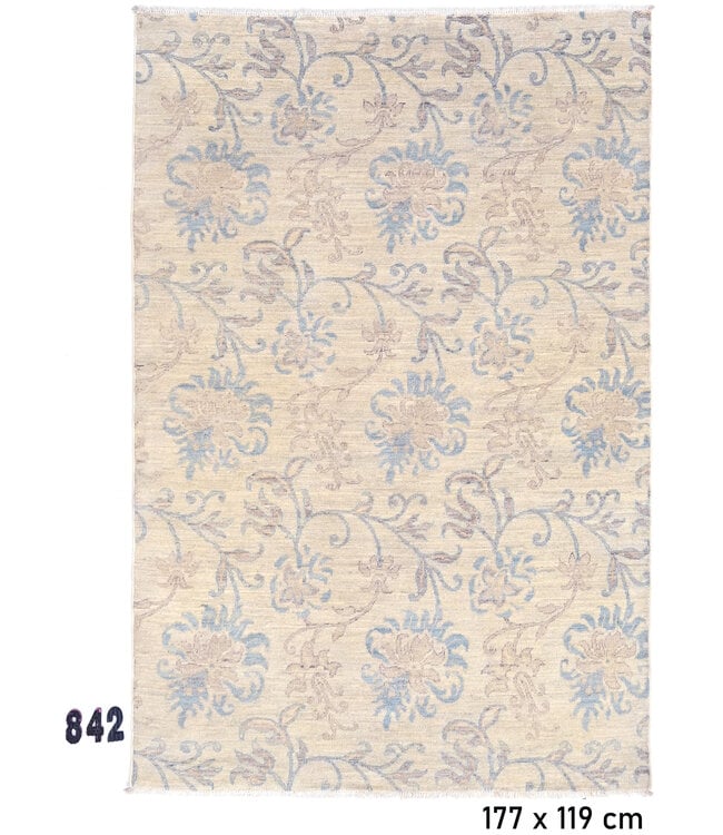 Handgeknoopt wollen tapijt crème-blauw – 177 x 119 cm – bloemmotief met sierlijke lijnen
