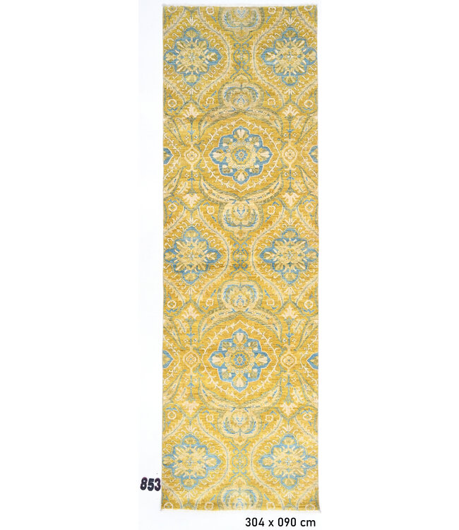 Geel & Blauw Handgeknoopt Runner Tapijt – 304 x 090 cm – Oriëntaals Design