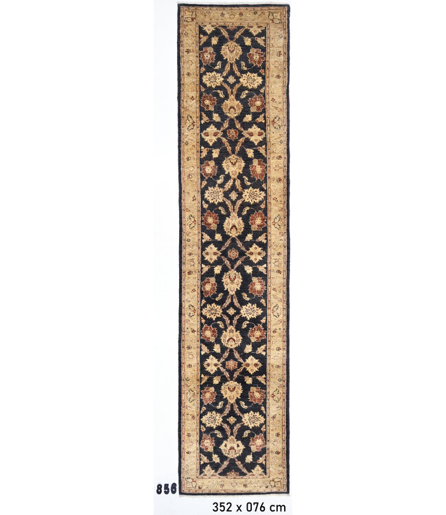 Zwart & Beige Handgeknoopt Runner Tapijt – 352 x 076 cm – Klassiek Bloemenmotief