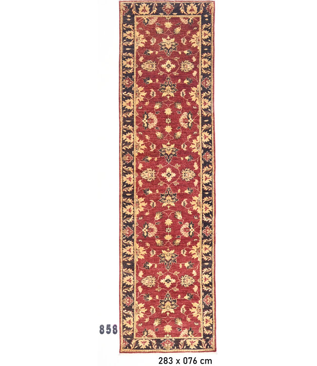 Dieprode Handgeknoopte Loper – 283 x 076 cm – Klassiek Bloemenmotief