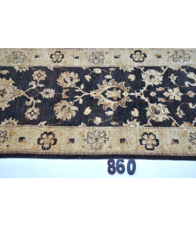 Ziegler-Läufer in Schwarz-Beige – 354 x 074 cm – Handgeknüpft mit klassischem Blumenmuster