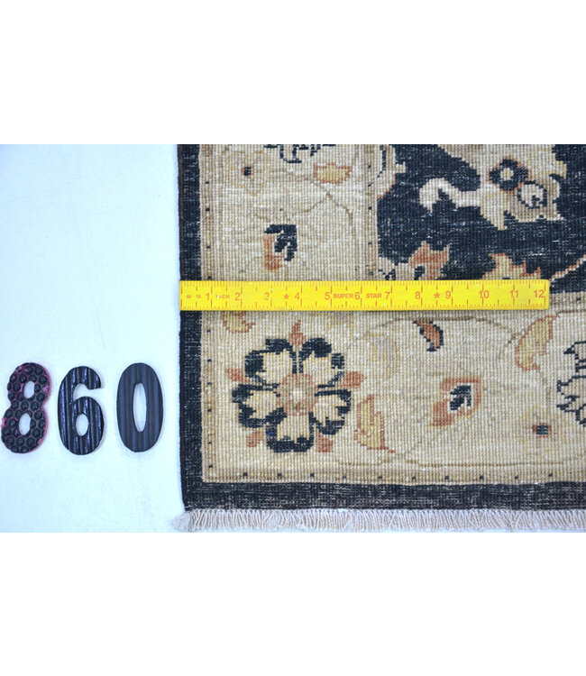 Black & Beige Ziegler Runner – 354 x 074 cm – Hand-Knotted with Classic Floral Design