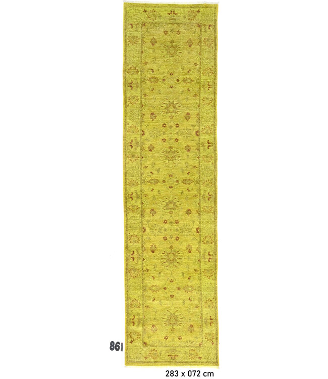 Vintage Handgeknoopte Wol Tapijt - Groene Kleur met Bloemenmotieven, 283x072 cm