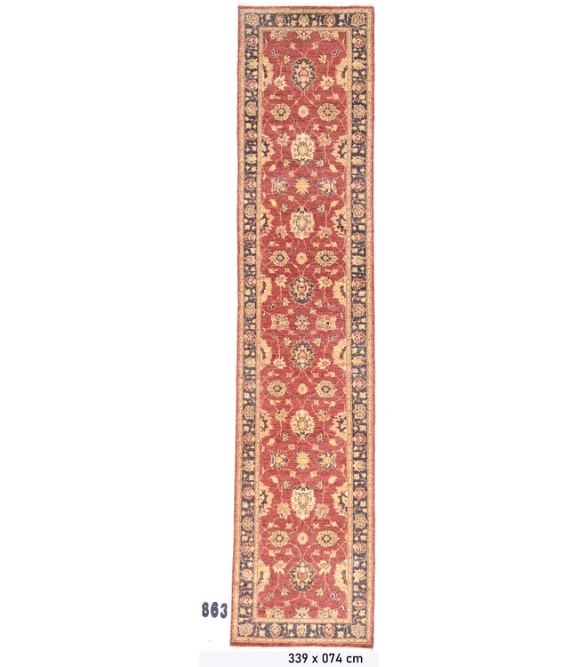 Vintage Hand-Knotted Wool Rug - Red with Floral Motifs, 339x074 cm
