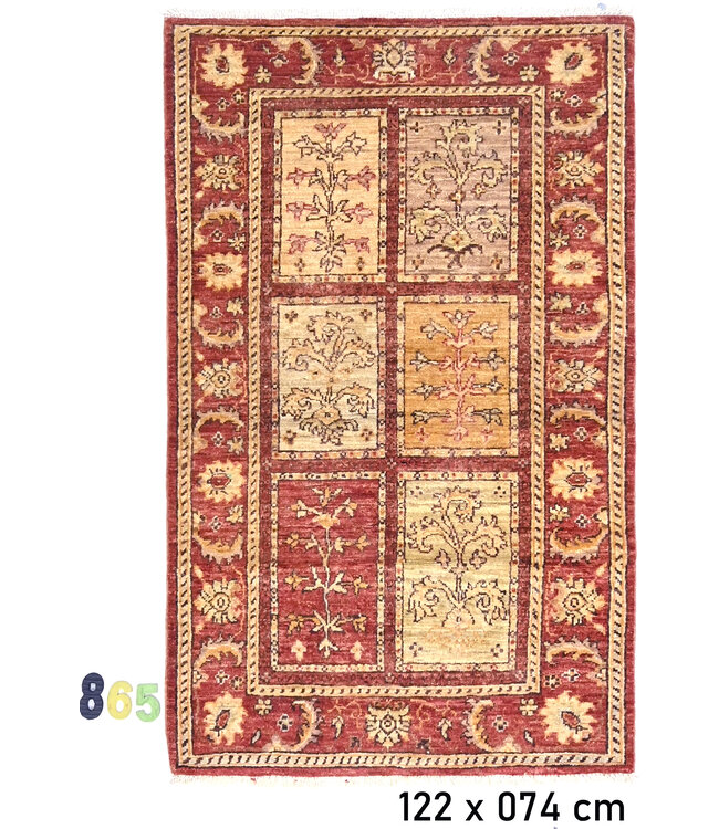Hand-Knotted Wool Rug – Gabbeh Pattern, Red with Yellow Accents, 122x074 cm