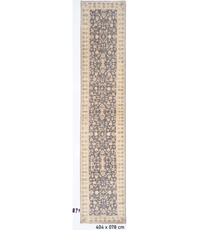 Grauer Antiker Ziegler Läufer – handgeknüpfter Wollteppich – 404 x 078 cm