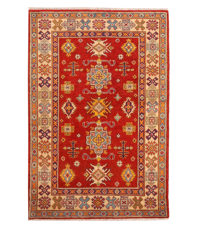 153x100cm Wool Hand-Knotted Kazak Afghan Rug – Authentic Oriental Carpet