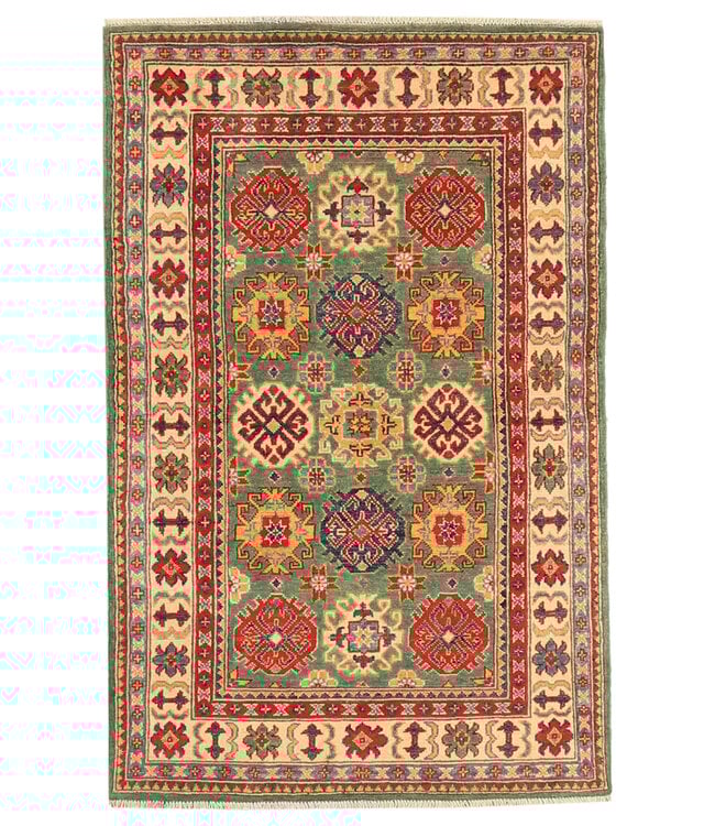 155x99cm Wool Hand-Knotted Kazak Afghan Rug – Authentic Oriental Carpet