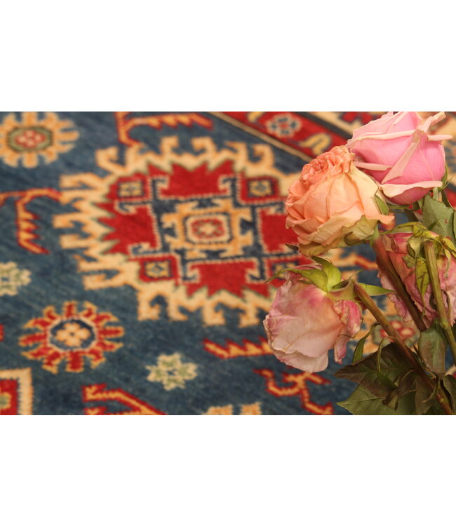 153x98cm Wool Hand-Knotted Kazak Afghan Rug – Authentic Oriental Carpet