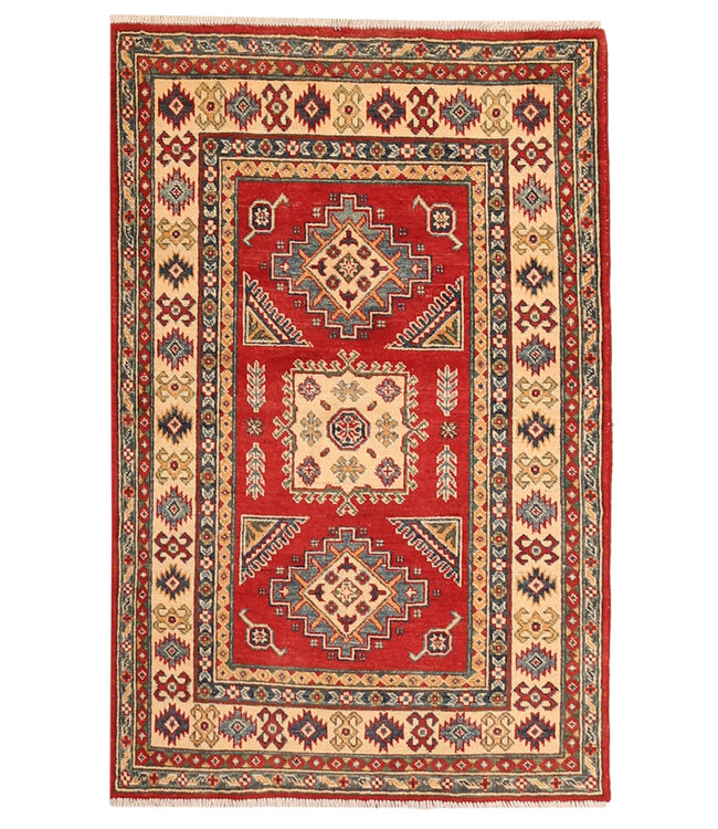 149x96cm Wool Hand-Knotted Kazak Afghan Rug – Authentic Oriental Carpet