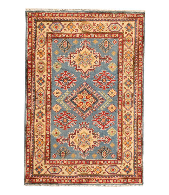 147x100cm Wool Hand-Knotted Kazak Afghan Rug – Authentic Oriental Carpet