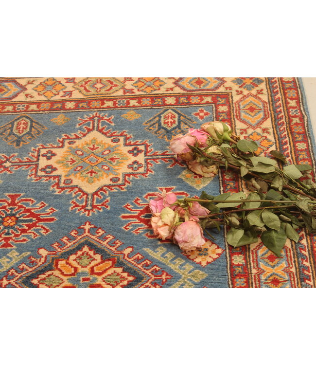 147x100cm Wool Hand-Knotted Kazak Afghan Rug – Authentic Oriental Carpet