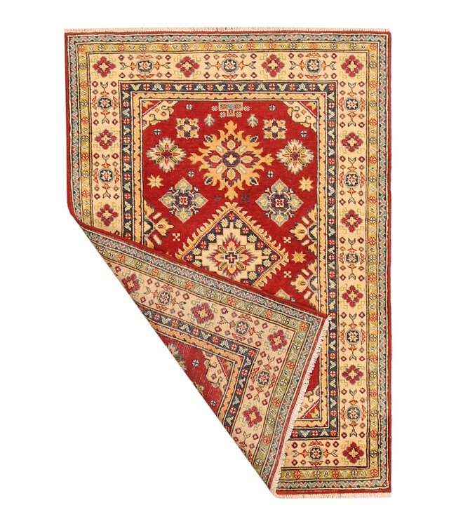 145x101cm Wool Hand-Knotted Kazak Afghan Rug – Authentic Oriental Carpet