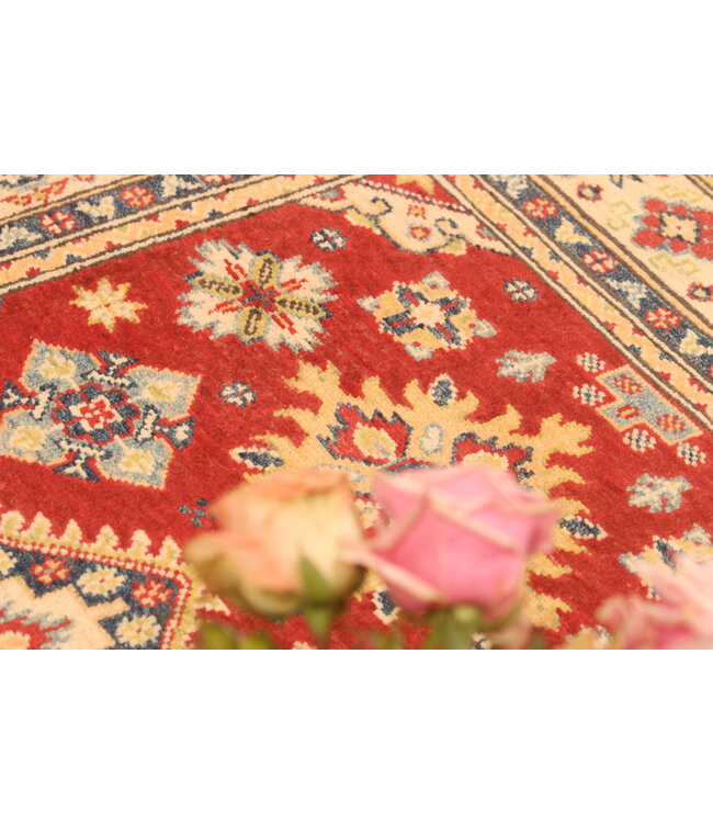 145x101cm Handgeknoopte Kazak Afghan Tapijt – Wol & Ambachtelijk