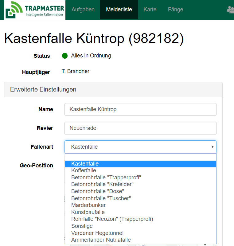Fallenart auswählen Fallenmelder TRAPMASTER