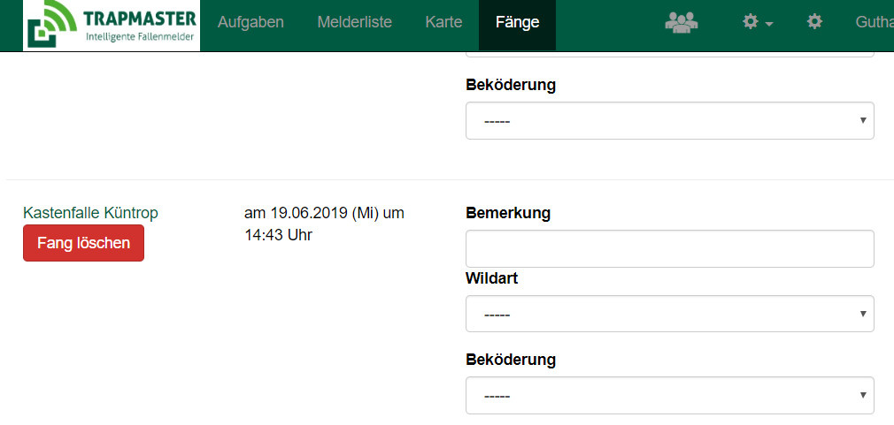 Fänge aus der Erfassung löschen TRAPMASTER Fallenmelder