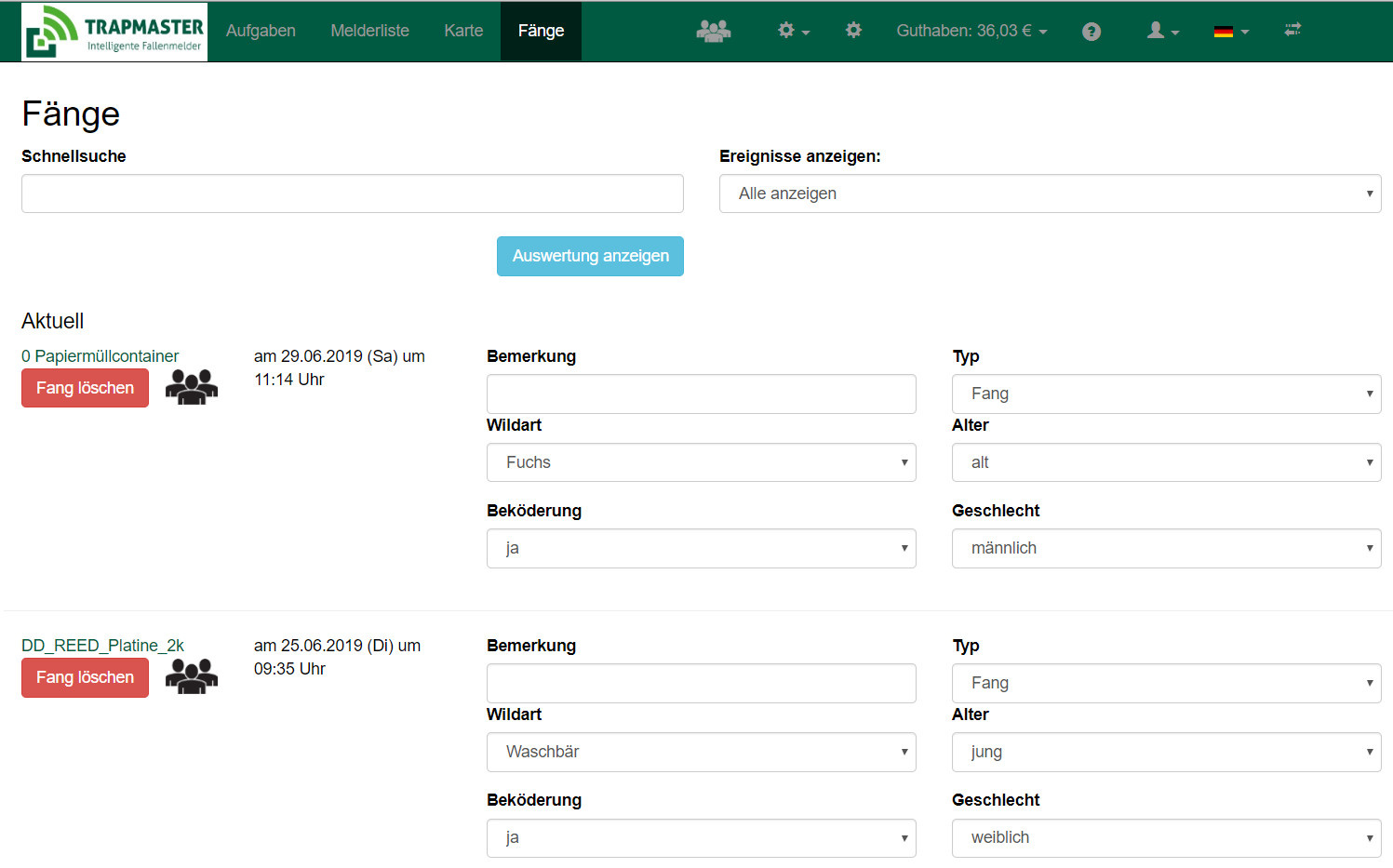 Fangtagebuch in der TRAPMASTER Online-Verwaltung