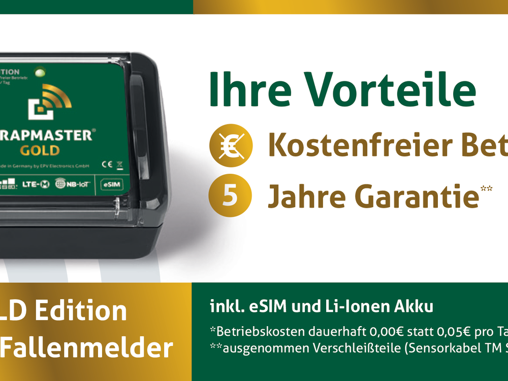 TRAPMASTER GOLD-Edition: 4G/5G Fallenmelder mit lebenslang kostenfreiem Betrieb &  5 Jahren Garantie