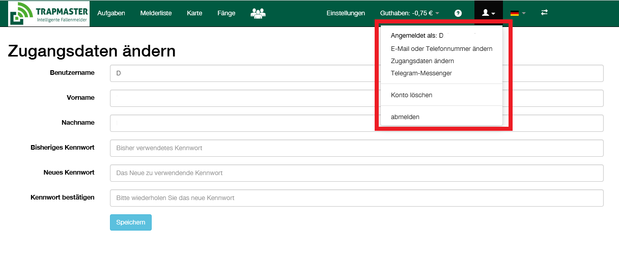 Kennwort ändern und Kontaktdaten hinzufügen