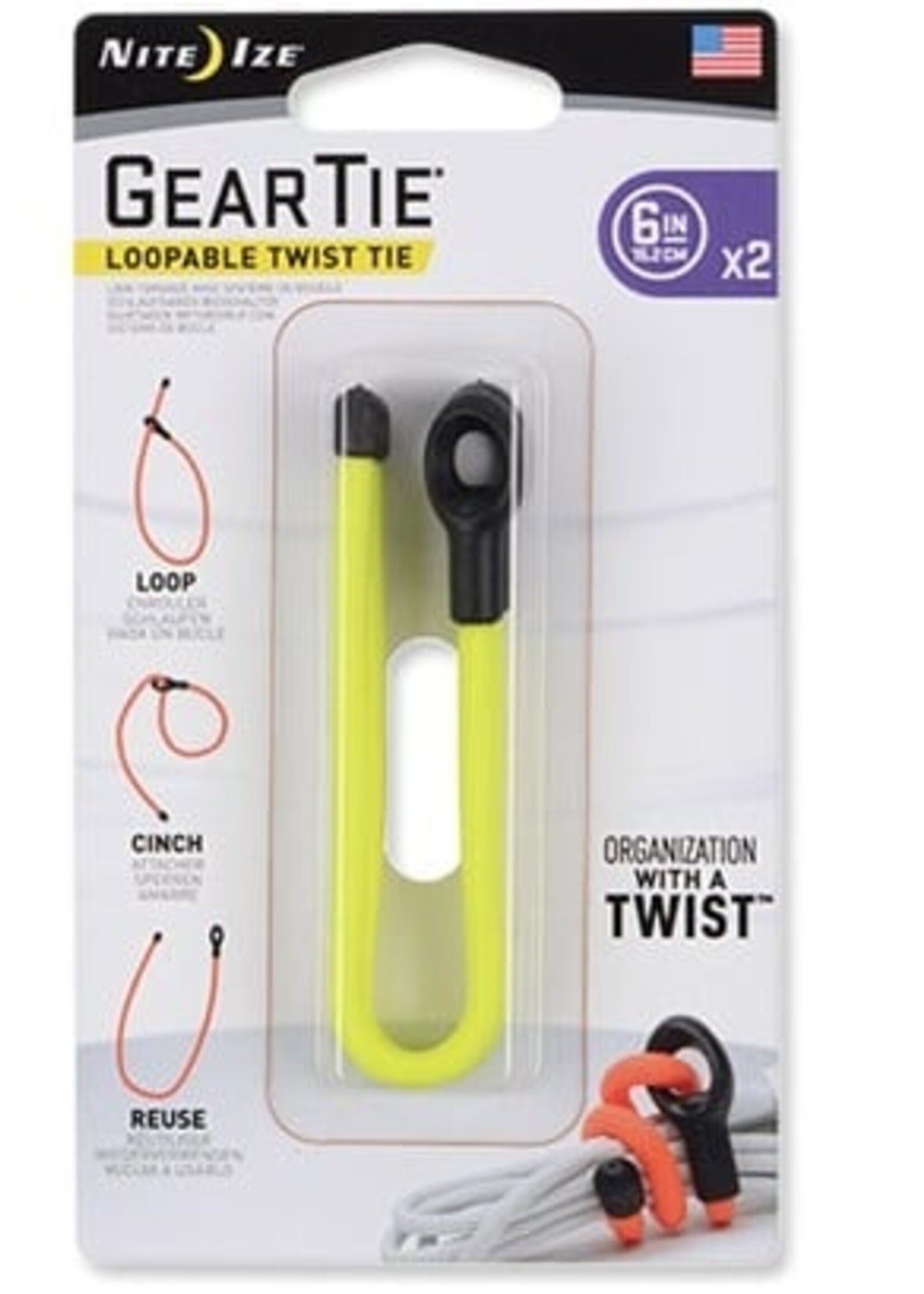Nite Ize Gear Tie Loopable 6" 2Pack (Neon Yellow)