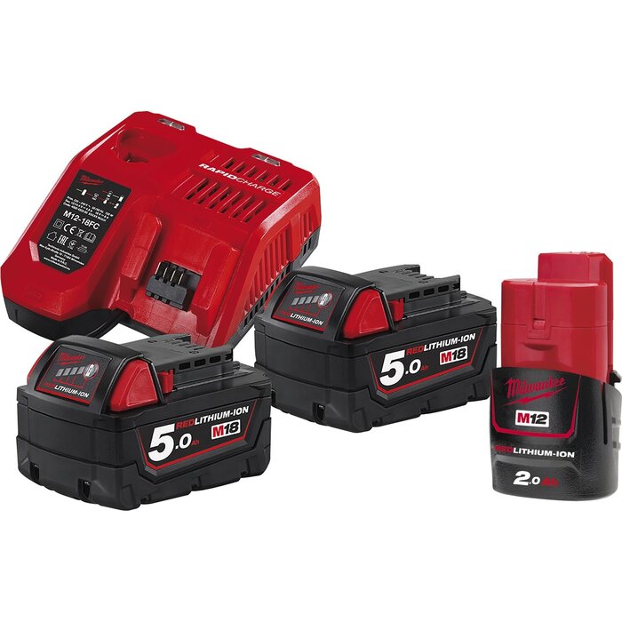 Milwaukee Akku-Starterset 2 x 18V / 5,0 Ah Schiebe-Akkus u. Ladegerät M12-18 FC