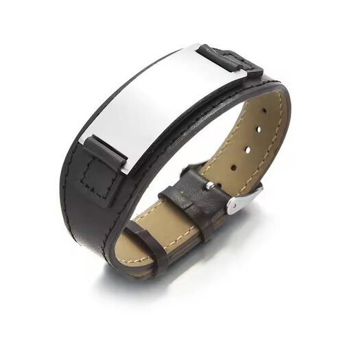 Icetags Black leather men's ID bracelet  - Wide