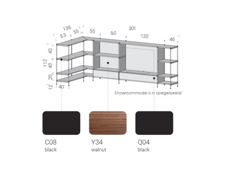 Extendo XY Wandcombinatie 29XY Showroommodel Extendo Aluminium zwart Noten fineer hout Buitenmaten: B301 x D138 x H112 cm