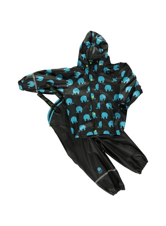 Waterproof rainsuit: raincoat and rainpants in black with elephant print